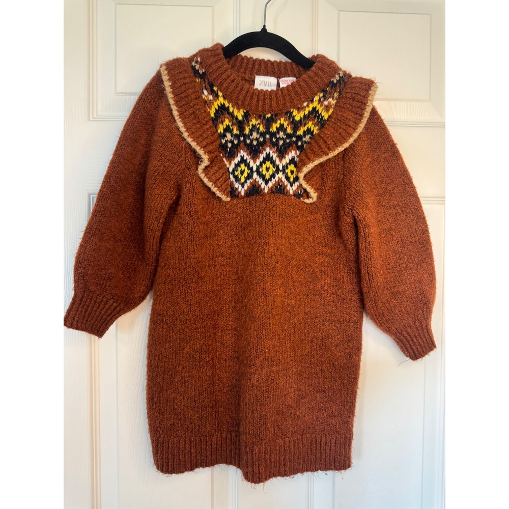 Zara Kids Girls Rust Brown Ruffle Fair Isle Knit Sweater Dress Size 4-5 110cm
